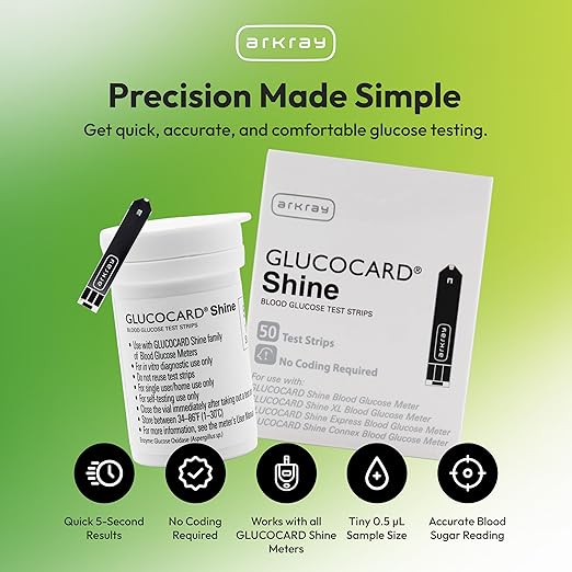 ARKRAY GLUCOCARD Shine Blood Glucose Test Strips – No Coding Required, Fast 5-Second Results, 0.5 Microliter Sample Size – Compatible with GLUCOCARD Shine Blood Glucose Meters, 50 Count