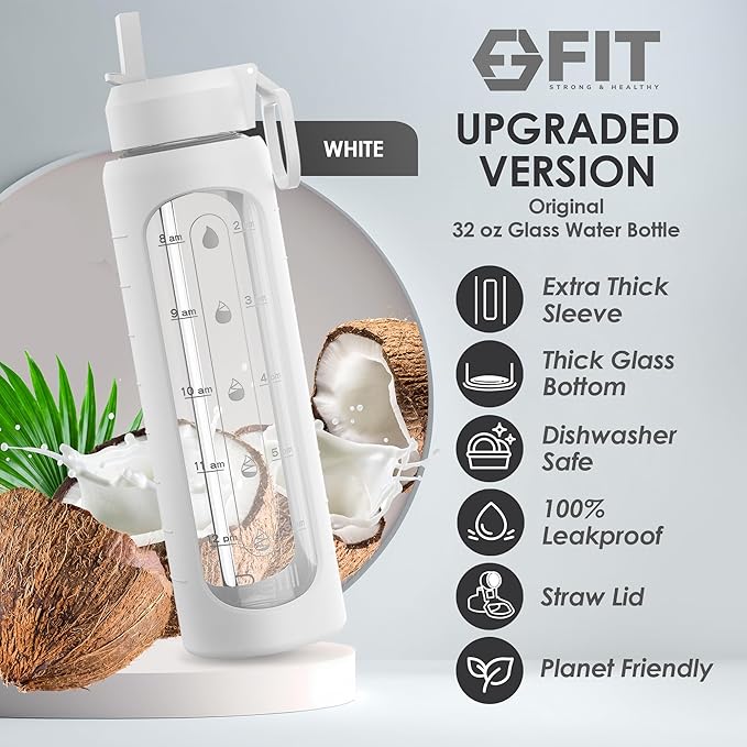 FIT Strong & Healthy 32 oz Glass Water Bottle with Straw Lid - Wide Mouth Borosilicate Glass Water Bottles with Time Marker, Silicone Sleeve & Extra Lid - 1L Large Motivational Drinking Bottle