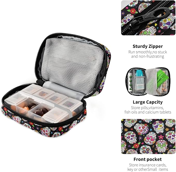 Day of The Dead Sugar Skull Pill Box 7 Day Pill Case Travel Pill Organizer Bag with Zipper Portable Weekly Case Compact Size for Vitamin Supplement Holder