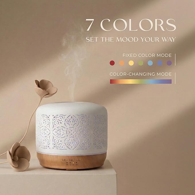 Earnest Living Essential Oil Diffuser White Ceramic Diffuser 500 ml Timers Night Lights and Auto Off Function Home Office Humidifier Aromatherapy Diffusers for Essential Oils
