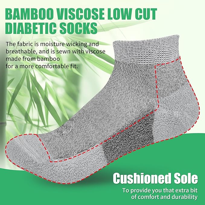 Diabetic Socks for Men,4 & 6 Pairs Low Cut Bamboo Viscose Wide Mens Diabetic Socks Size 9-11 10-13