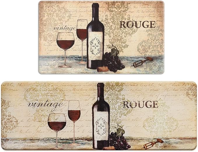 FRESHMINT Farmhouse Kitchen Mats Sets 2 Piece Cushioned Comfort Mat for Home & Office Ergonomically Engineered Memory Foam Kitchen Rug Waterproof Non-Skid, 30" by 17" + 47" by 17",Wine