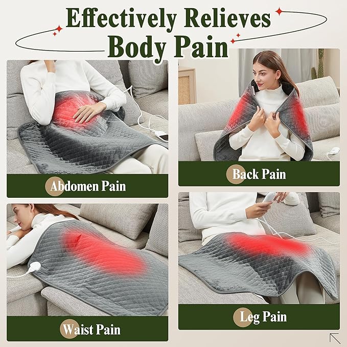 32"x24" Extra Large Heating Pad for Back&Cramps Relief, XL Electric Heating Pads for Neck Shoulder Pain Relief Heat Pad Upgraded 6 Heat Settings, 4 Timer Options Auto Shut-Off Machine Washable Gray