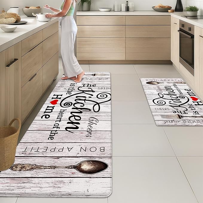 Arttown Farmhouse Anti-Fatigue Kitchen Rug Set of 2, Waterproof Non-Slip PVC Foam Cushioned Mats, Brown Grey Vintage Heart Home Style