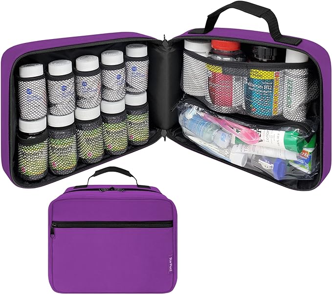 Large Pill Bottle Organizer - 10 Pockets Medicine Bag for Travel & Home Storage - Purple