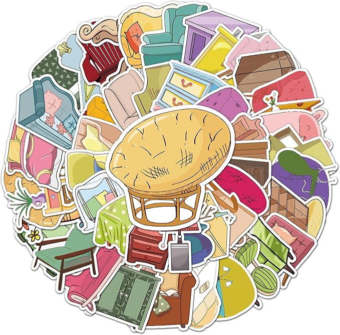50pcs Furniture Stickers, 1.96-3.15inch Cartoon Home Decorative Stickers, Self-Adhesive for Scrapbooking, Home Decoration, Storage Embellishment