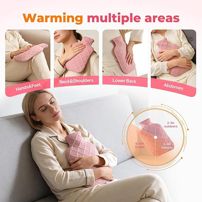 Hot Water Bottle with Soft Cover, 2L Hot Water Bag, Hot and Cold Therapies for Sore Muscles, Menstrual Cramps, Neck and Shoulder Pain Relief, Great Gifts for Women, Childs, Pink