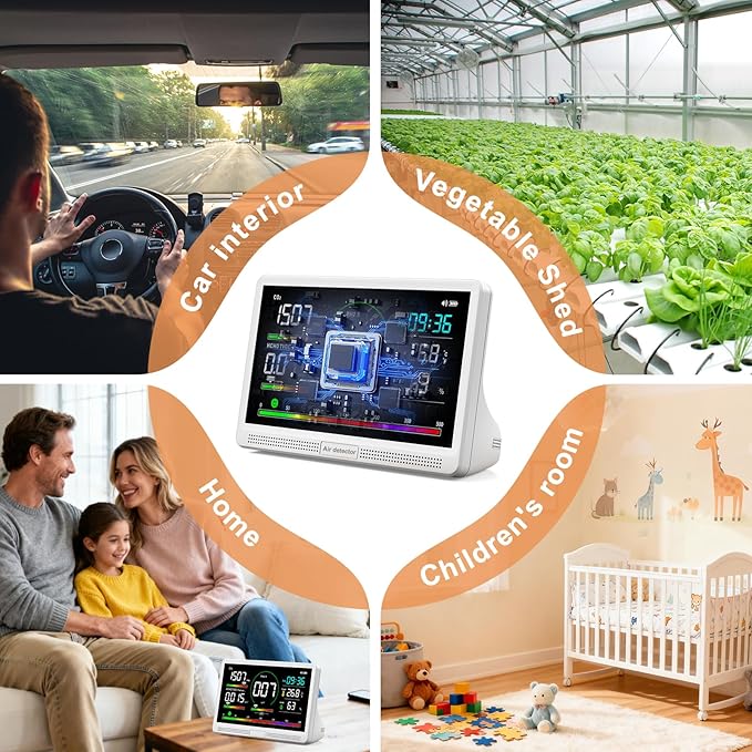 16 in 1 Air Quality Monitor Indoor 7" Display 9 AQI+7 AQI Alerts,Portable Air Quality Tester CO2, TVOC, PM2.5 PM1.0 PM10, HCHO Temperature Humidity Temp & Time Air Quality Meter for Home