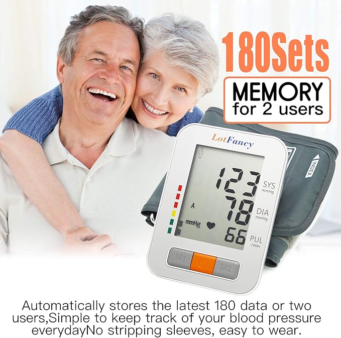 LotFancy Blood Pressure Monitor for Home Use, Digital Sphygmomanometer, 180-Readings Upper Arm Medium Cuff (9-13")