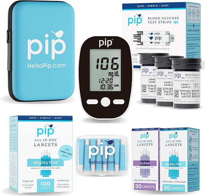 Pip Glucose Monitor Kit with 150 Test Strips and 160 Lancets - Complete Blood Sugar Testing Kit for Diabetes Care at Home | Includes Glucometer, Lancing Device, Travel Case & Diabetic Test Strips