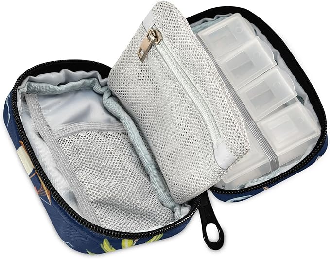 Travel Pill Case Palm Trees Ship Sun and Waves Weekly Small Pill Box 7 Day Pill Box Pill Organizer Bag
