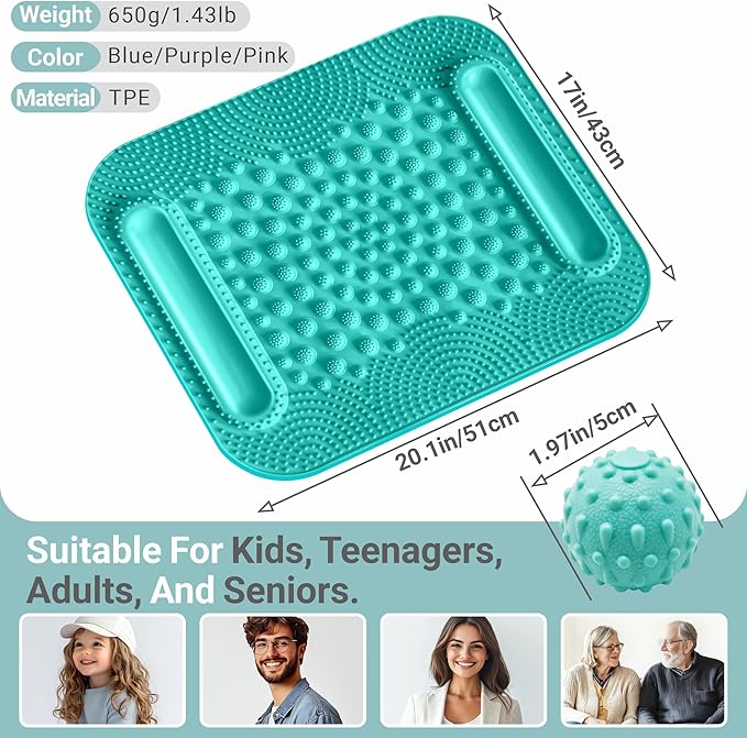 Foot Massage Mat with Two Massage Balls, 5-Zone Acupressure & Reflexology Mat for Various Stimulation, Portable Pressure Point Pad for Feet Relaxation, Pain, Fatigue Relief((Lake Blue)