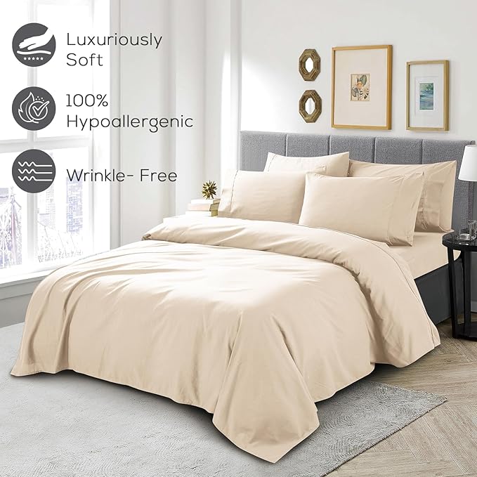 Mueller Ultratemp King Size Sheets Set, Super Soft 1800, 6 Piece, Deep Pocket up to 16" Cooling Sheets King Size, Transfers Heat, Breathes Better, Hypoallergenic, Wrinkle, Cream