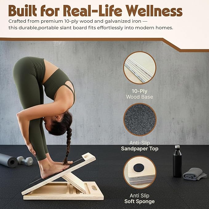 Adjustable Wooden Slant Board for Calf Stretching, Squats & Physical Therapy – Portable Incline Stretch Board for Ankle, Knee, Heel & Foot Mobility with 2 Extra Sand Papers, Carry Bag & Mini Loop Band