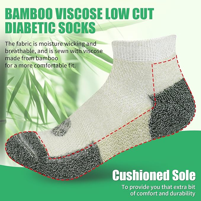 Diabetic Socks for Men,4 & 6 Pairs Low Cut Bamboo Viscose Wide Mens Diabetic Socks Size 9-11 10-13