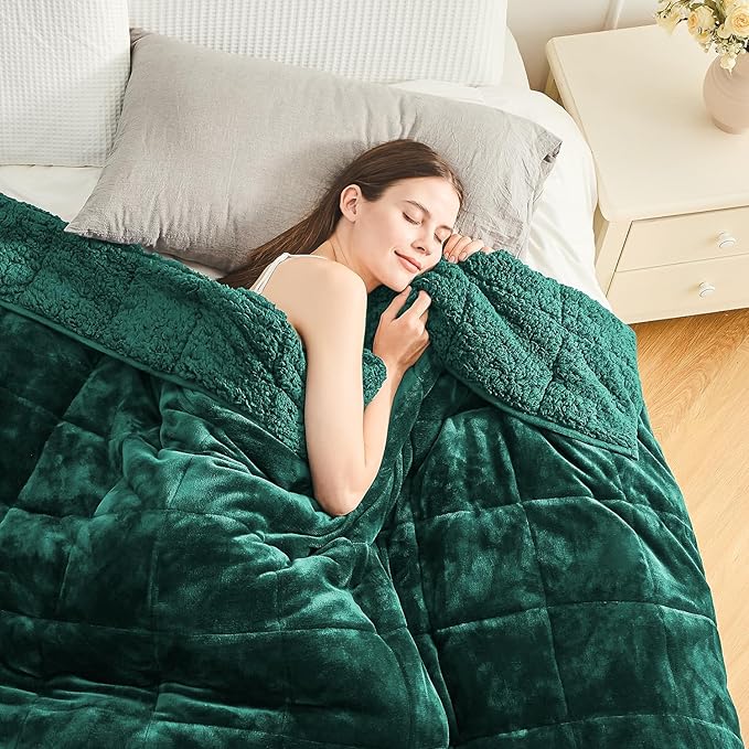 Cottonblue Sherpa Fleece Weighted Blanket 15lbs for Twin/Full Ded - Plush Bed Blanket for Deep Sleep and Relaxation, Heavy Calm Blankets with Cemaric Beads, 48x72 Inches,Green
