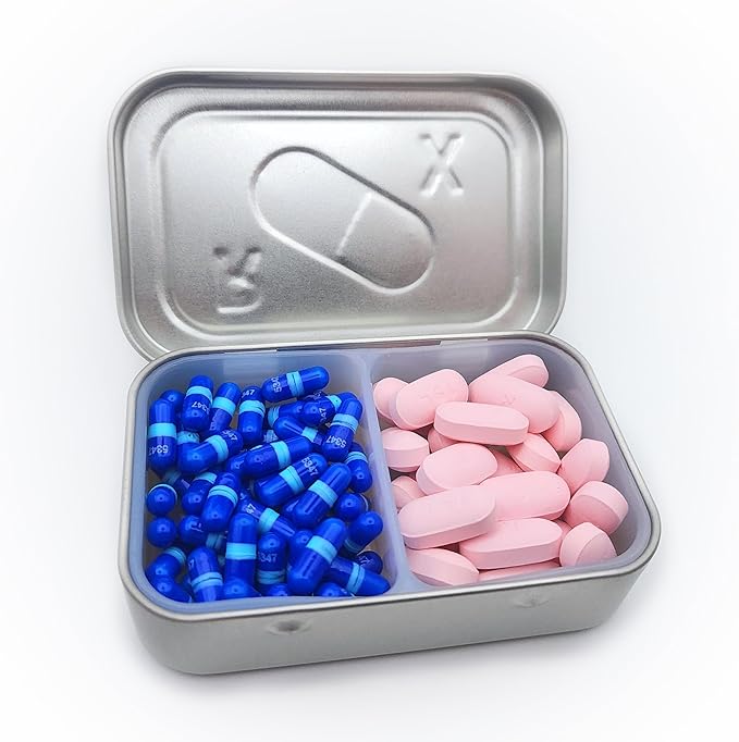 Travel Pill Tin - Quality Portable Medication Storage Solution Embossed Tin Design with Silicone Divider Insert