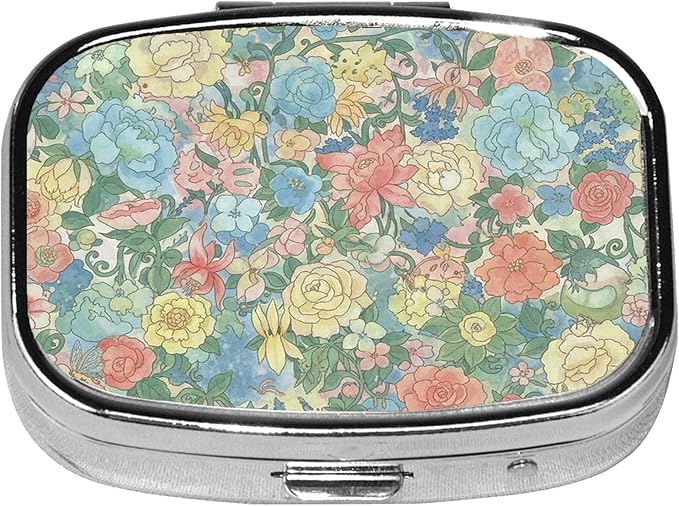 Square Pill Case Small Pill Box with Mirror Pocket 2 Compartment Vitamin Pill Medicine Case Organizer Pill Containers for Traveling Blooming Flower One