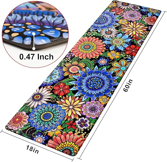 Likiyol Boho Kitchen Rugs Boho Floral Anti Fatigue Kitchen Mat for Floor Bohemian Flowers Non Slip Washable Kitchen Floor Mats, Comfort Standing Mat for Sink, Laundry, 18''x60'', 0.47" Th, Blue