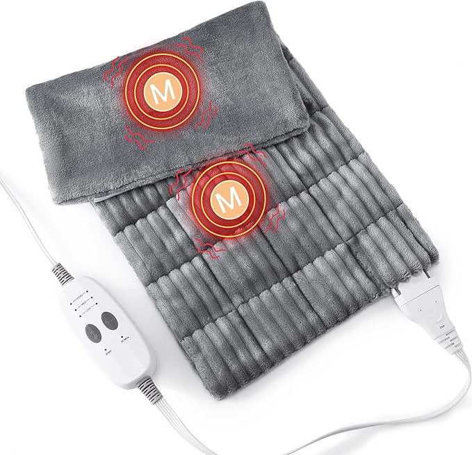 Massaging Heating Pad for Neck and Shoulders and Back, Large Electric Heating Pad for Back Pain Relief with 3 Heat Levels, 4 Massage Settings, 4 Massage Motors (Dark Grey, 33'' * 18'')