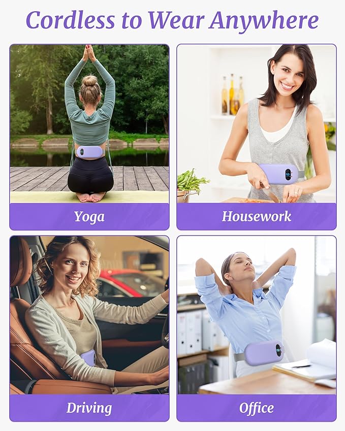 Portable Heating Pad for Cramps FSA, HSA Cordless Electric Period Fast Heat Pad for Back Pain Relief Menstrual Belt 6 Heat 6 Massage Gifts for Women Her Girlfriend Christmas Stocking Stuffers Purple