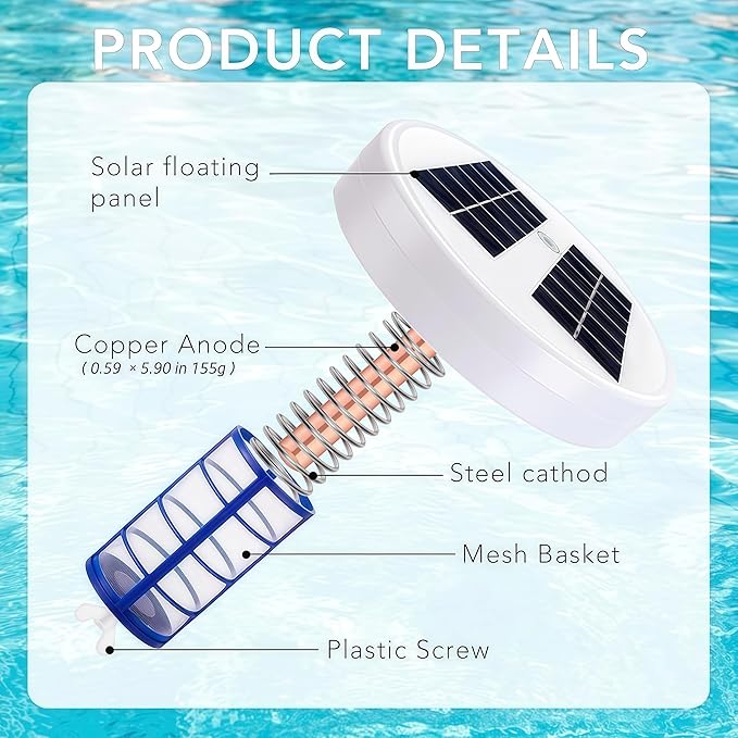 Solar Pool Ionizer, Copper Pool Ionizer Floater Auto Switching of Multi-Colored LED Night Light, Floating Pool Cleaner