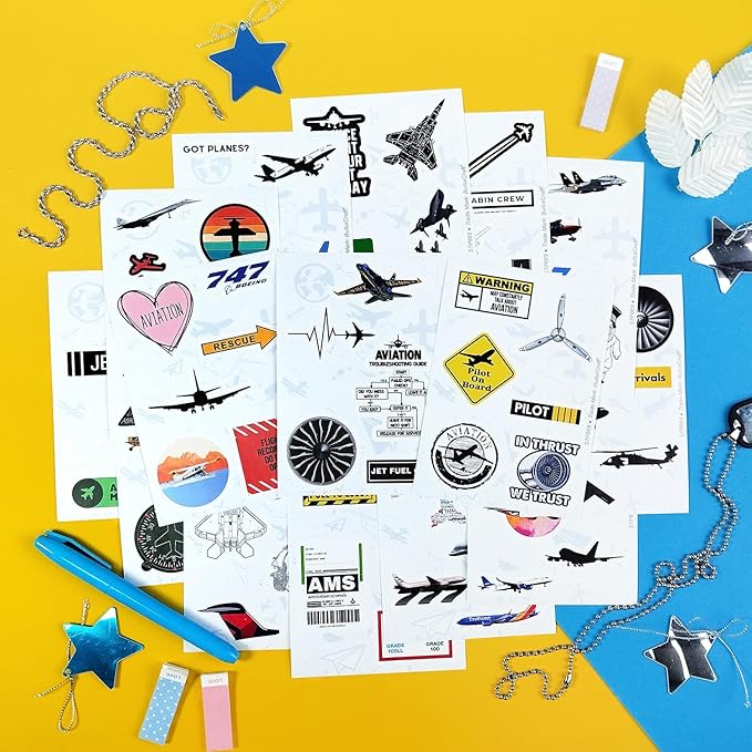 BulbaCraft 100Pcs Aviation Stickers and Decals, Pilot Stickers for Laptop, Airplane Decals, Aviation Gifts, Airplane Party Decorations, Gifts for Women & Men