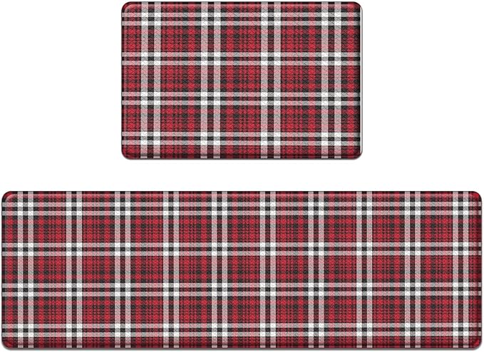 Arttown Red Anti-Fatigue Kitchen Rug Set of 2 Plaid Cushioned Floor Standing Mat Waterproof Non-Slip Mat and PVC Ergonomic Comfort Foam Rug