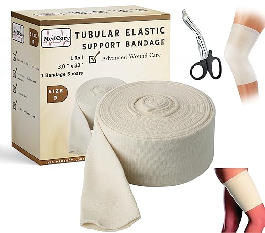 Tubular Compression Bandage Size E (3.4” x 33 ft) – Elastic Stockinette Support Sleeve for Legs, Knee, Small Thigh, Elbow, and Quads – Cut-to-Fit, Washable Reusable – Plus Medical Scissors