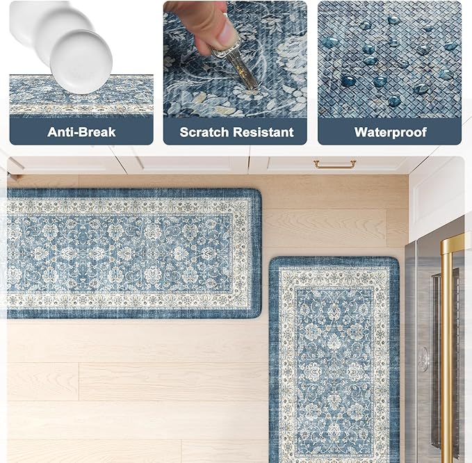 KIMODE Anti Fatigue Kitchen Mats for Floor, Boho Distressed Blue Kitchen Rugs Sets of 2, Padded Kitchen Floor Mats Non Slip, Cushioned Standing Mats for Sink, Laundry, Desk 17"x59"+17"x29"