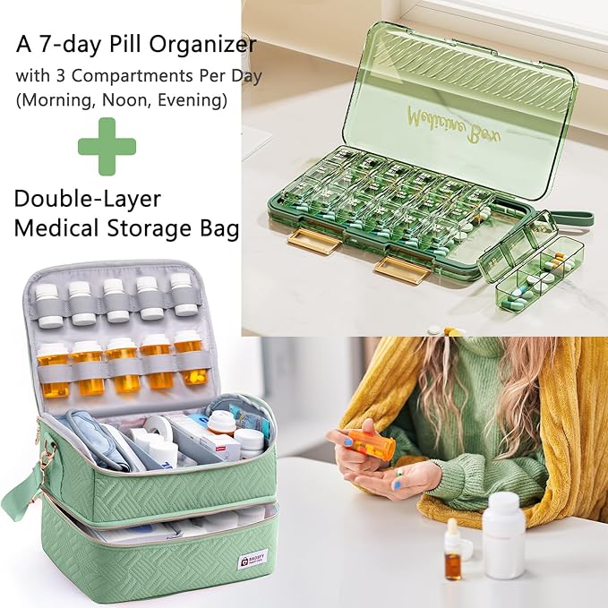 BAGSFY Travel Medicine Bag Organizer with 7-Day Pill Organizer, AM & PM Pill Box, Medication Storage, First Aid Kit Case