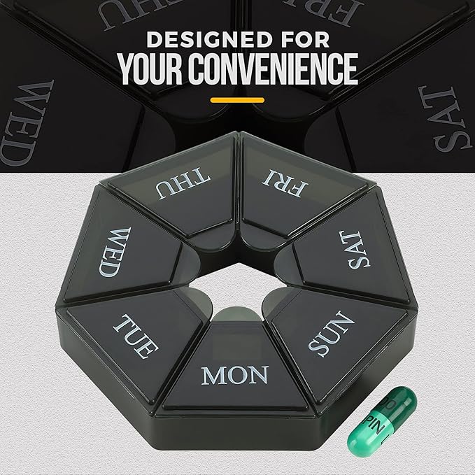 Weekly Pill Organizer - (Pack of 4) 7-Day Pill Container - Arthritis Friendly Portable & Compact Travel Case Daily Compartment Medicine Pills Box for Supplements, Medication, Vitamins and Fish Oils
