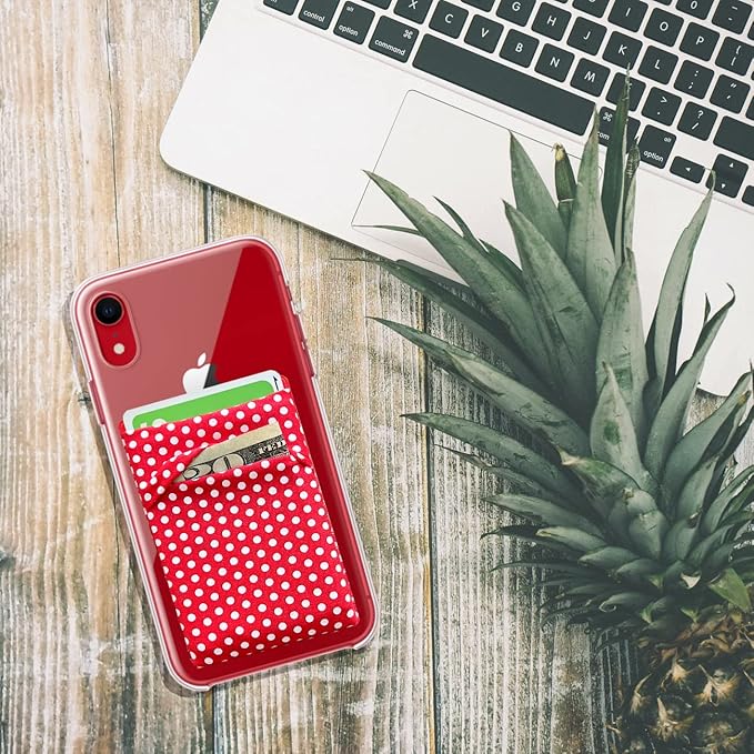 RFID Blocking Phone Card Wallet Stretchy Lycra Wallet Pocket Credit Card ID Case Pouch Sleeve Adhesive Sticker Compatible with iPhone Samsung Galaxy Android Smartphones (Polka Dot Red)-2PC
