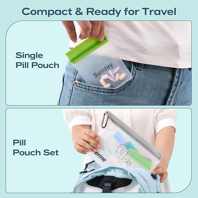 Lerine Reusable Pill Pouch Set, 14 Pill Pouch Bags for Travel, BPA Free Medicine Organizer with Labels, Self Sealing Small Baggies for Daily Vitamin, Supplement Storage