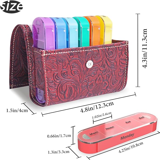 Pill Organizer,LIZIMANDU Weekly Travel Pill Case Box Medication Reminder Daily AM PM, Day Night 7 Compartments,for 4 Times A Day, 7 Days a Week-Includes Leather PU Carrying Case(1-Carved Red)