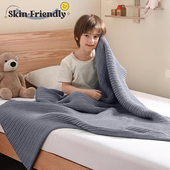 Guohaoi Knitted Weighted Blanket Kids (Light Grey 50"x60" 7lbs) No Beads Cooling Heavy Blanket, Home Decor Breathable Chunky Knit Throw Blanket for All-Season Use