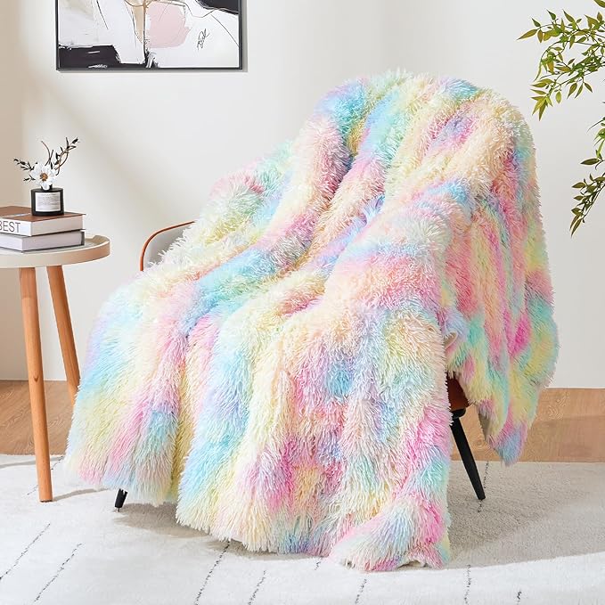 Cottonblue Faux Fur Weighted Blanket 15 lbs for Adult 48x72 Inches, Plush Shaggy Fluffy Throw Blanket Twin Size, Cozy Warm Furry Weighted Blanket for Couch Sofa Chair Home Decor, Rainbow