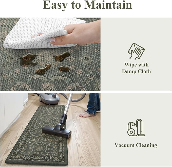 KIMODE Comfort Kitchen Mats for Floor Cushioned Anti Fatigue,Boho Vintage Kitchen Rugs Sets of 2 Non Slip,Memory Foam Kitchen Floor Mat Carpet for Laundry Office Home Decor,Dark Green