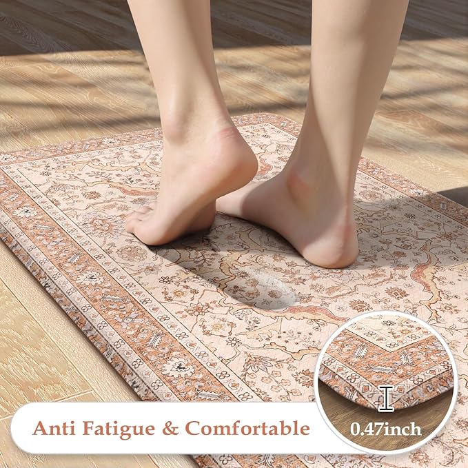 KIMODE Anti Fatigue Kitchen Mats for Floor, Boho Vintage Kitchen Rugs Sets of 2, Kitchen Floor Mats Cushioned Non Slip, Khaki Memory Foam Standing Mats for Laundry Office Sink Desk 17"x47"+17"x29"