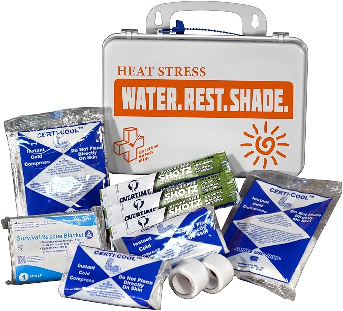 Certified Safety Mfg Emergency Heat Stress Kit - 16pc USA-Made First Aid Kit for Heat Exhaustion with Emergency Blanket, Instant Ice Packs, Medical Adhesive Tape, and More - Hot Weather Essentials