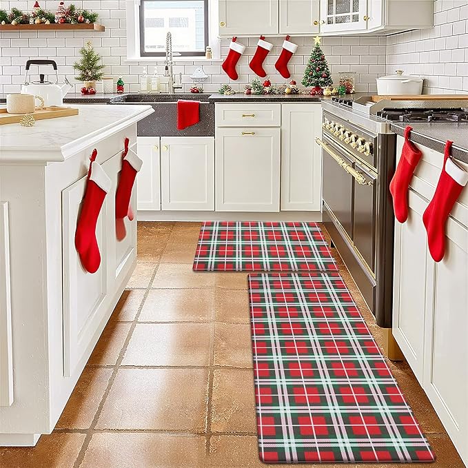 SHACOS Christmas Checkered Kitchen Rugs Set of 2 Anti-Fatigue Kitchen Mats Cushioned Christmas Kitchen Rugs Red Green Plaid Farmhouse Kitchen Mats and Rugs for Xmas 17x27.5+17x47, Red Green Plaid
