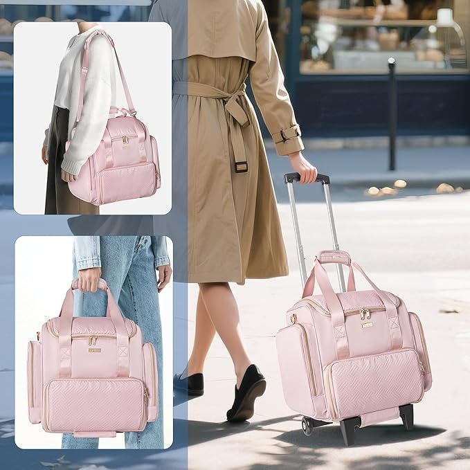Rolling Medicine Bag for Travel, Large Pill Bottle Storage Bag on Wheels with 4 Cases and Detachable Trolley,Pink