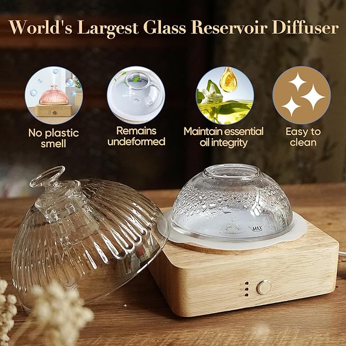 Glass Dome Essential Oil Diffuser with Glass Reservoir & Wood Base-No Plastic, 200ml Ultrasonic Diffuser for Aromatherapy with Timer 7 Color Light Auto-Off for Home Office Yoga Pilates