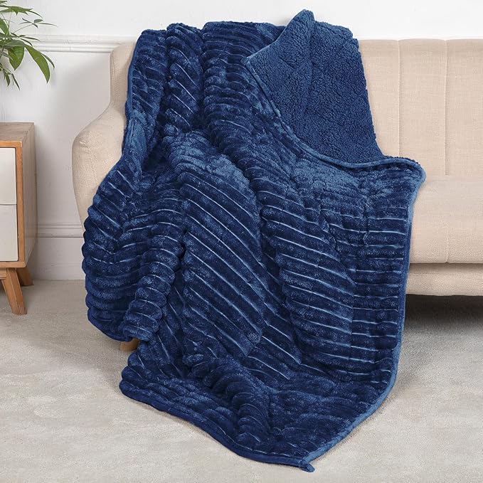 Sherpa Fleece Weighted Blanket with 3D Ribbed Stripes, 15 lbs Soft Flannel Heavy Throw Blanket for Couch Bed Sofa, Heavy Thick Blankets with Glass Beads, Comfort for Cozy Evenings, 48" x 72"