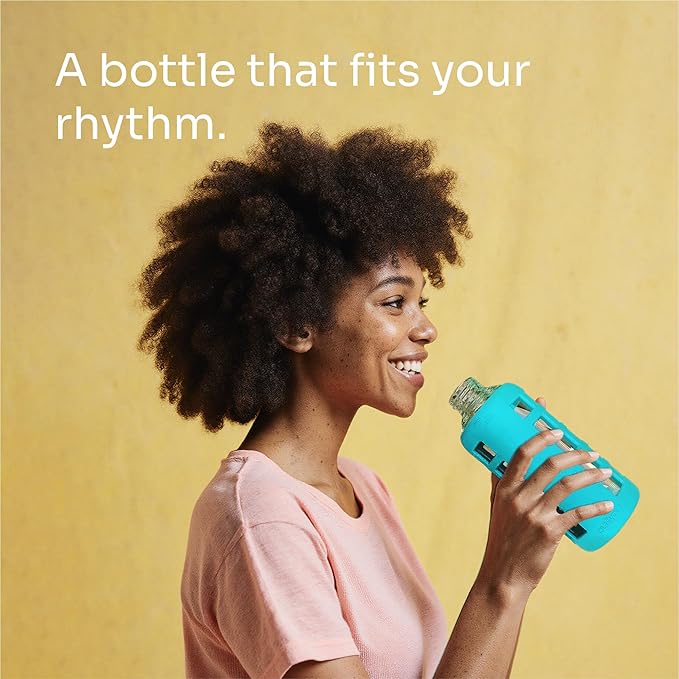 purifyou 40oz / 32oz / 22oz / 12oz Borosilicate Glass Water Bottle with Time & Volume Markers, Silicone Sleeve, Stainless Steel Lid | Reusable Glass Bottle for Water & Juice (22oz Aqua Blue)