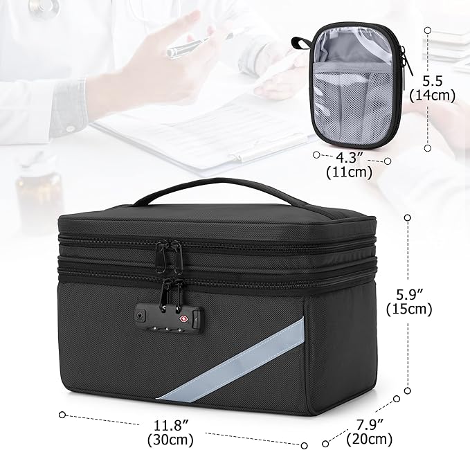 Trunab Medicine Storage Bag with Combination Lock, Lockable Pill Bottle Organizer, Travel Medication Carry Case for Medicine Box, Prescription, Vitamins, Supplements or Medical Supplies