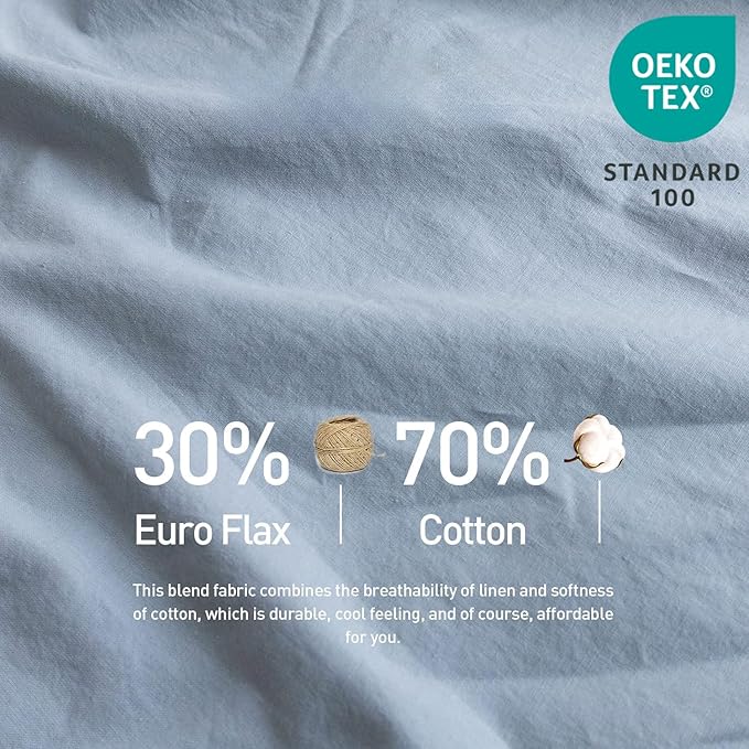 Simple&Opulence Belgian Linen Sheet Set Solid Color - 6 Pieces (1 Flat Sheet & 1 Fitted Sheet & 4 Pillowcases) 16" Deep Pocket Natural Flax Cotton Blended Soft Bedding - Dusty Blue, Queen Size