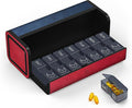 Medicine Pill Organizer, 7 Day AM PM Pill Box 2 Times a Day, Travel Leather Pill Case, Pressing The Double Opening, Holds Medication Vitamins Fish Oil and Supplements (Red and Blue)