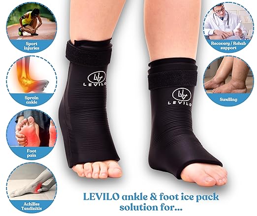 LEVILO Foot and Ankle Ice Pack (2 Packs) Ankle Ice pack Wrap for Swelling, Gel Ice Packs Reusable for Achilles Tendonitis Relief, Injuries, Plantar Fasciitis, Heel Hot Cold Therapy