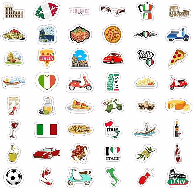 BulbaCraft 100Pcs Italy Stickers for Scrapbooking, Italian Stickers, Rome Decals, Travel Decals for Journal, Scrapbook - Italy Decorations Party Theme, Gifts for Women & Men